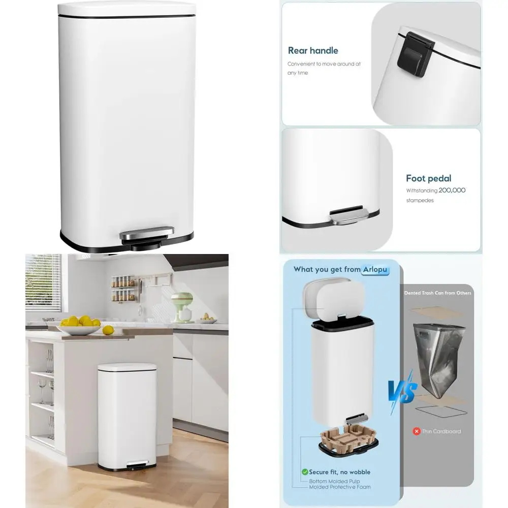 

30L White Stainless Steel Step Trash Can with Removable Plastic Bin and Fingerprint-Proof Lid for Kitchen and Home Use