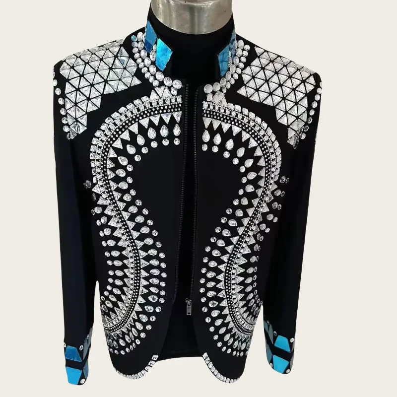 Sparkly Crystals Mirror Lens Suit Jacket Men\'s Stage Show Performance Coat Club Singer Dancer Groom Wedding Formal Dress Wear