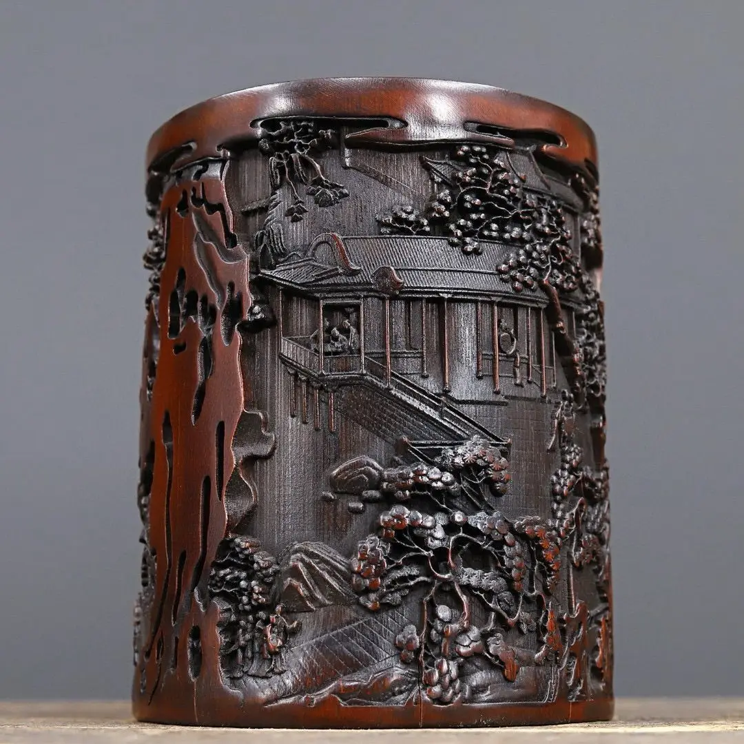 Antique Bamboo Carved Scenery Brush Pot Pen Holder Desktop Organiser Office Desk Accessory Office Supplies view 2