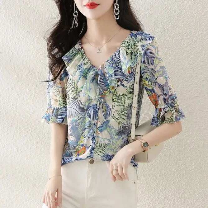 Women Ruffle Floral Print Sweet Chic Blouses 2023 Summer Korean Fashion V Neck Short Sleeve Shirt Female Simple Casual Thin Tops