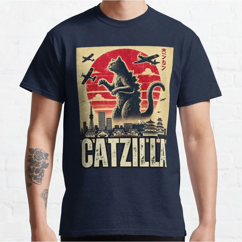 

Japanese Art Funny Cat Catzilla king of monster 100% cotton printed t shirt for cat lover large size Adult tops S-6XL