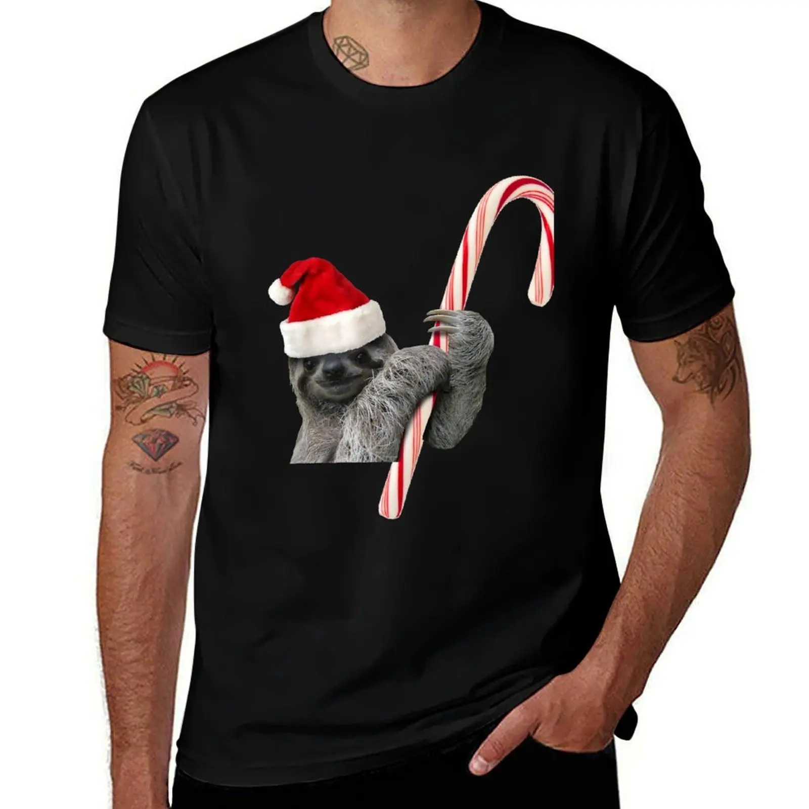 Christmas Sloth with candy cane T-Shirt man t shirts cotton T-Shirt
