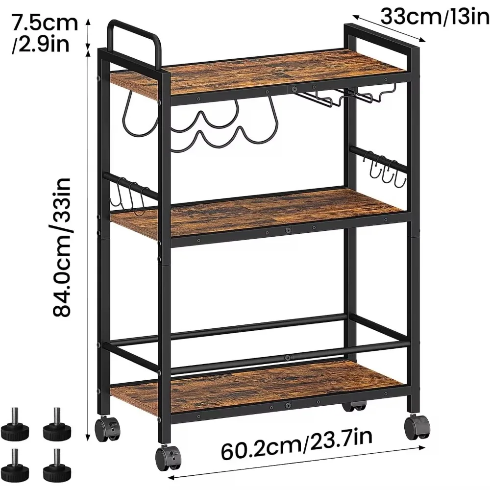 Carrito de servicio de Bar con ruedas y asas, carrito de cocina rodante de 3 niveles, carrito de bebidas con estante para vino y estante de vidrio