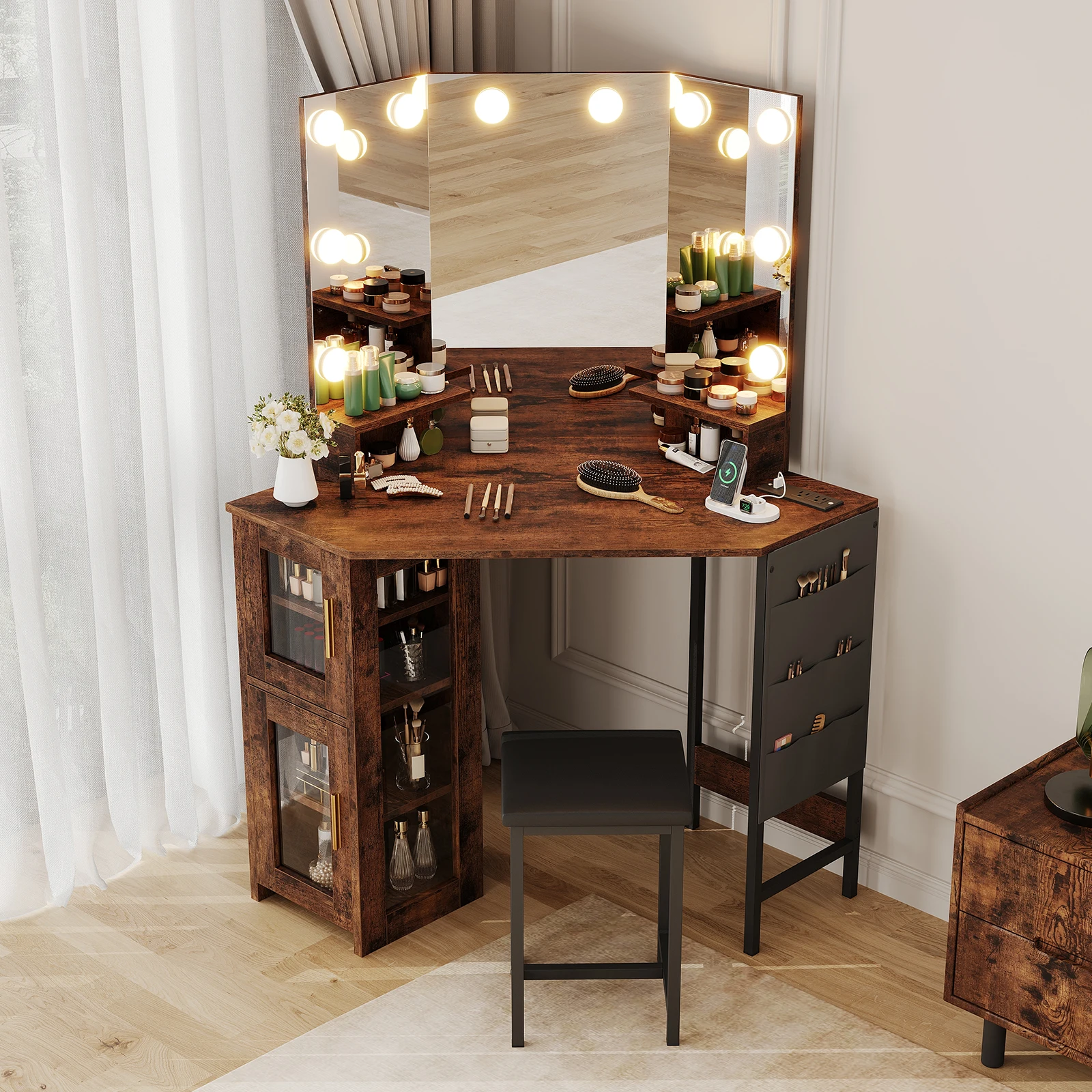 Corner Makeup Vanity Desk with Stool & Mirror, Large Dressing Table with Storage, Makeup Vanity Table Set for Bedroom Small Space