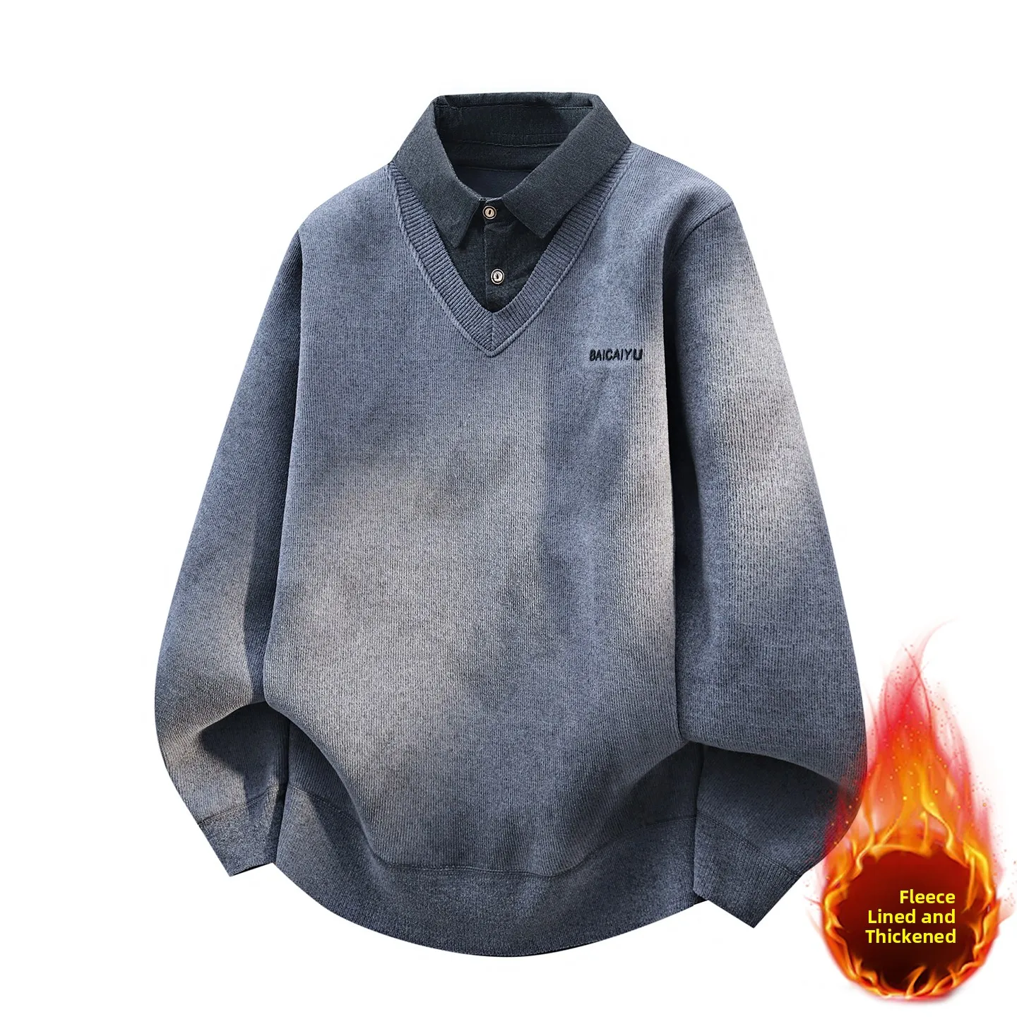 

Мужской вязаный свитер с имитацией двухслойности и воротником-стойкой, утепленный, свободного кроя, зимний, теплый, повседневный, из смесового полиэстера