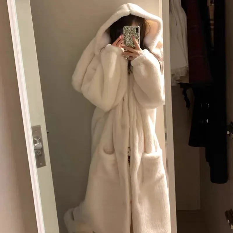 Cute Rabbit Long Ears Solid Hooded Pajama Robe Women Bathrobe Winter Girls Sweet Coral Fleece Sleepwear Plush Thick Nightgown