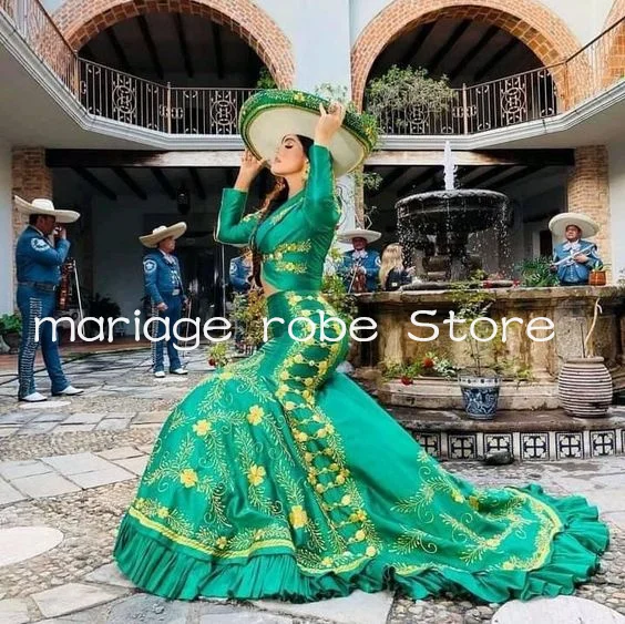 Traje Charro Verde Mermaid Prom Occasion Dresses with Cape Three Pieces Set Outfit Embroidery Mexicano Evening Dress customsize