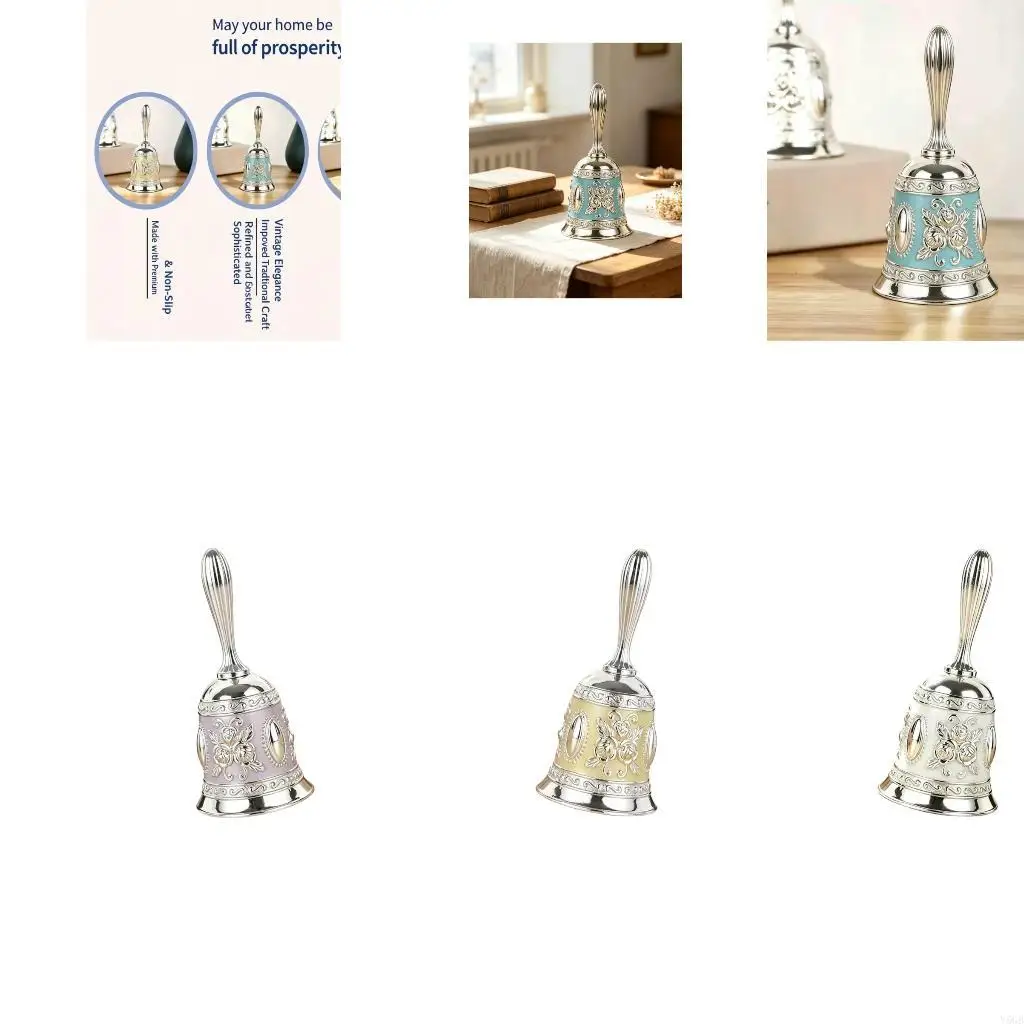 Metal Decorative Hand Bells with Ornate Floral Detailing and Shake Grip Handle for Service Counter Desk Event Signaling Y5GB