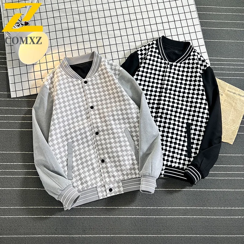 COMXZ Autumn Jacket Men Baseball Loose Black White Plaid Color Block Fashion All-Match Casual Korean Style outdoor sports Coat