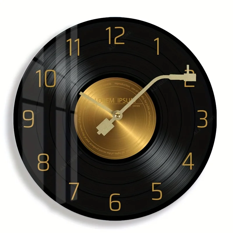 1pc, 10-Inch/12-Inch Retro Vinyl Record Wall Clock, Black And Golden Timepiece, Tempered Glass Face, Silent And Battery-Powered, Creative Decor for Living Room, Bedroom Home/Office, Perfect Music Lover's Gift (Batteries Not Included)