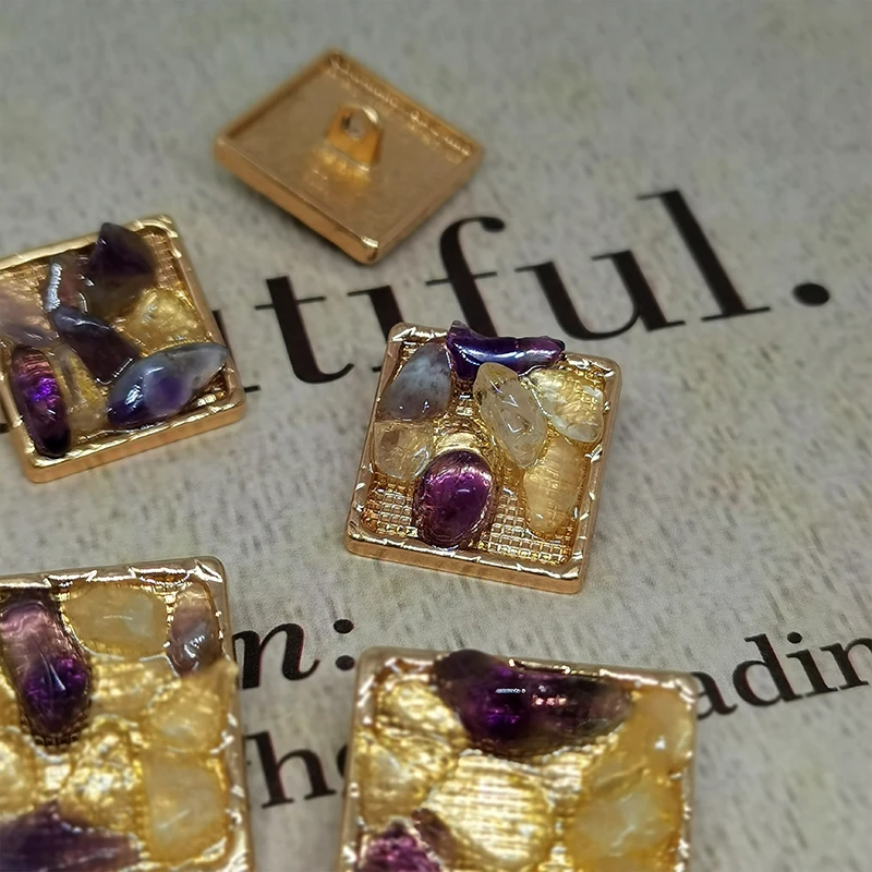 18/25MM Luxury Purple Stone Beaded Square Buttons Of Clothing High Quality Metal Handmade Fashion Decor Button Sewing Needlework