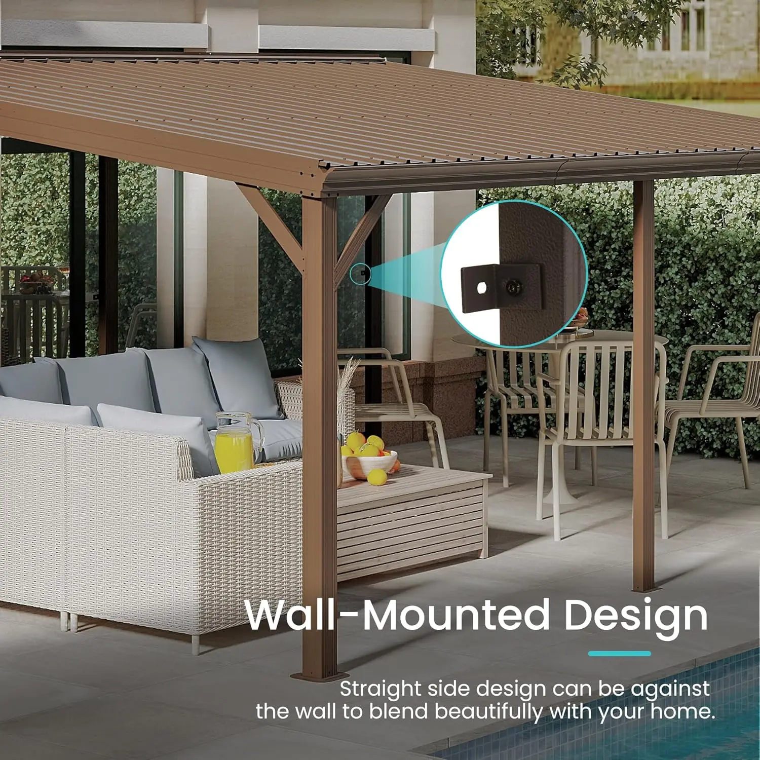 ！@12 X 16 FT Lean to Gazebo, Wall Mounted Gazebo with Built-in Drainage, Galvanized Steel Roof, Hardtop Patio, Brown view 4
