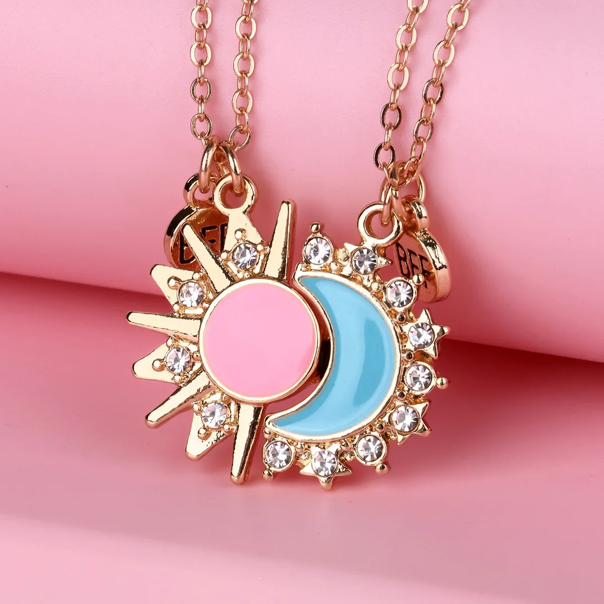 2Pcs/Set Girls' Zinc Alloy Five-Pointed Star & Moon Rhinestone Besrt Friend Necklace for Kids Girls Fashion Friendship Gifts