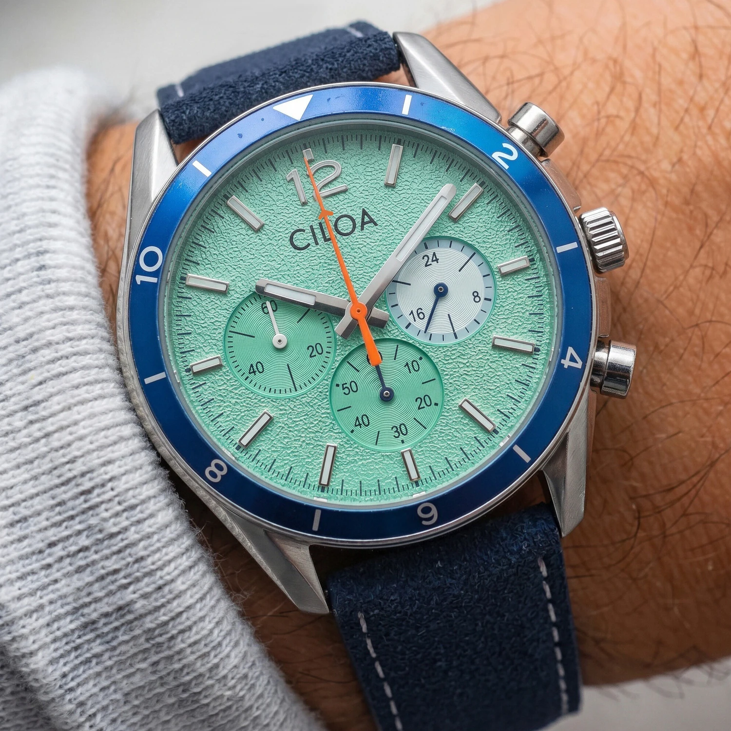 CILOA Men's Chronograph Watch Mint Green Dial with Blue Bezel Blue Suede Leather Strap Sport Casual Quartz Wristwatch