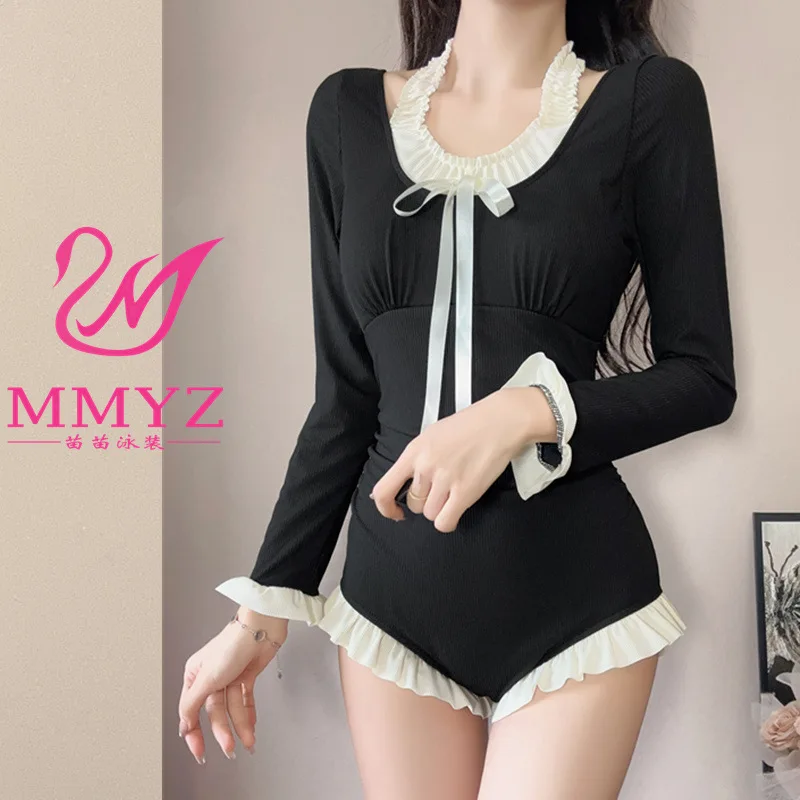 

Popular 2025 New Girl Black One-piece Flesh Cover Skinny Long Sleeve Conservative 1pcs Swimsuit