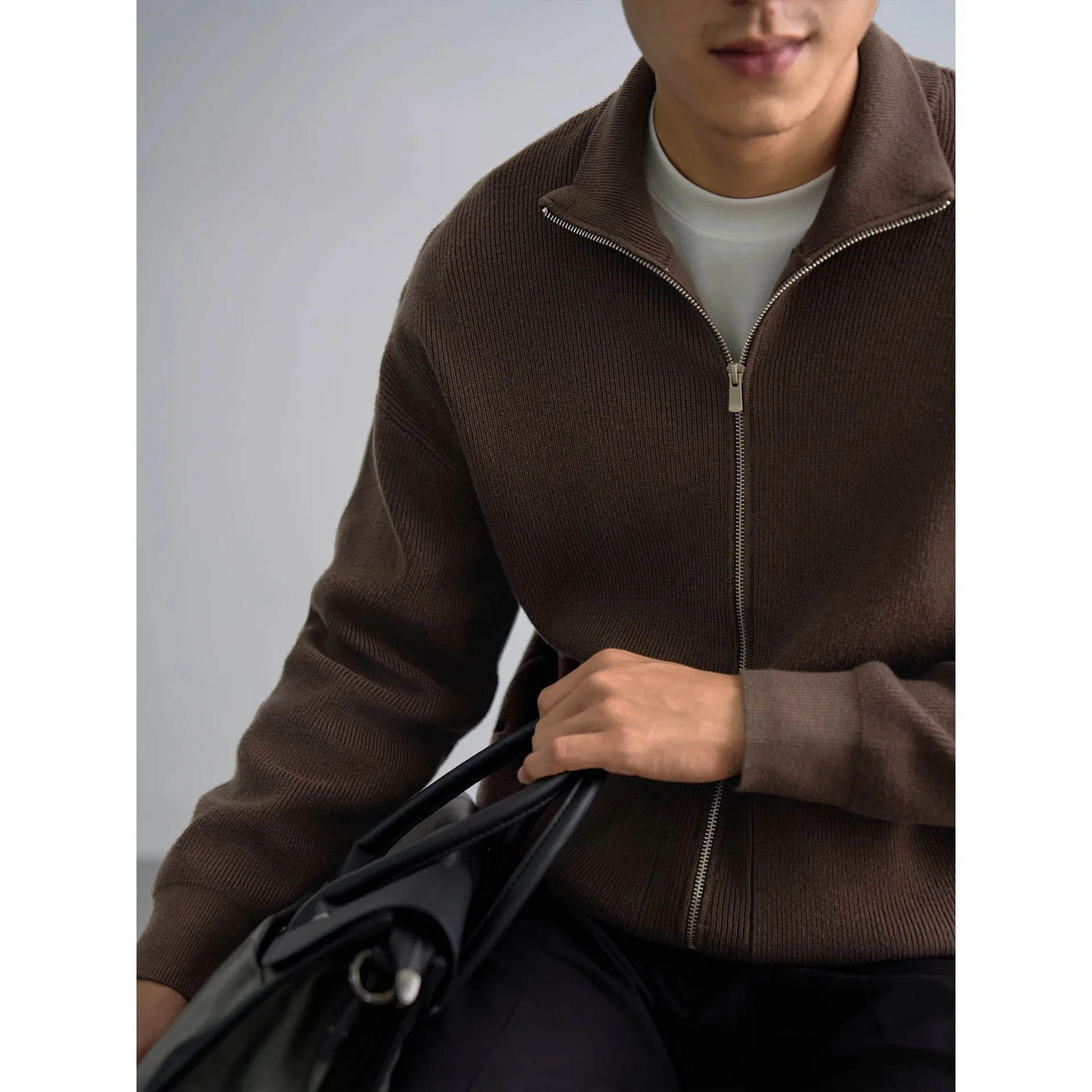 Autumn Winter Zip-Up Lapel Slim Knit Sweater Men's Casual Outerwear
