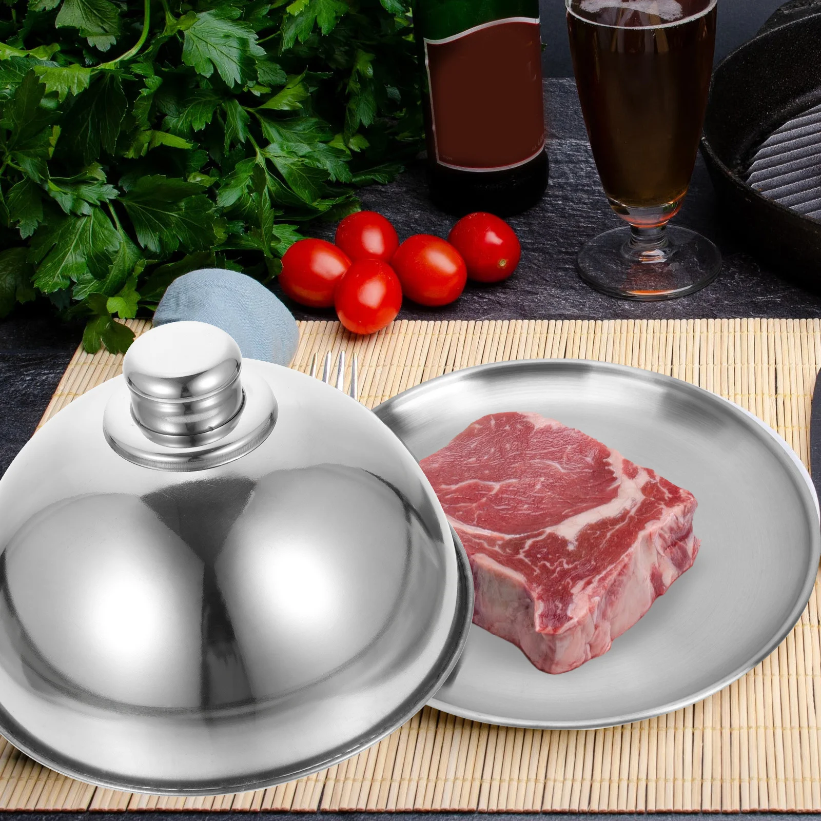 

Stainless Steel Steak Cover Round Food Protective Cover Handle Anti-Splashing Fresh Keeping Kitchen Supply