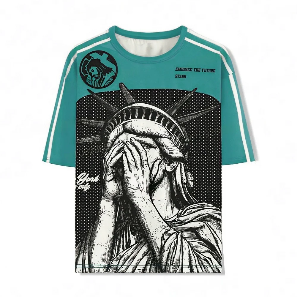 Summer Women T-Shirt Statue of Liberty Print O-Neck Short Sleeve Tee Summer Graphic Baseball Jerseys Stripe Oversized Sport Tops