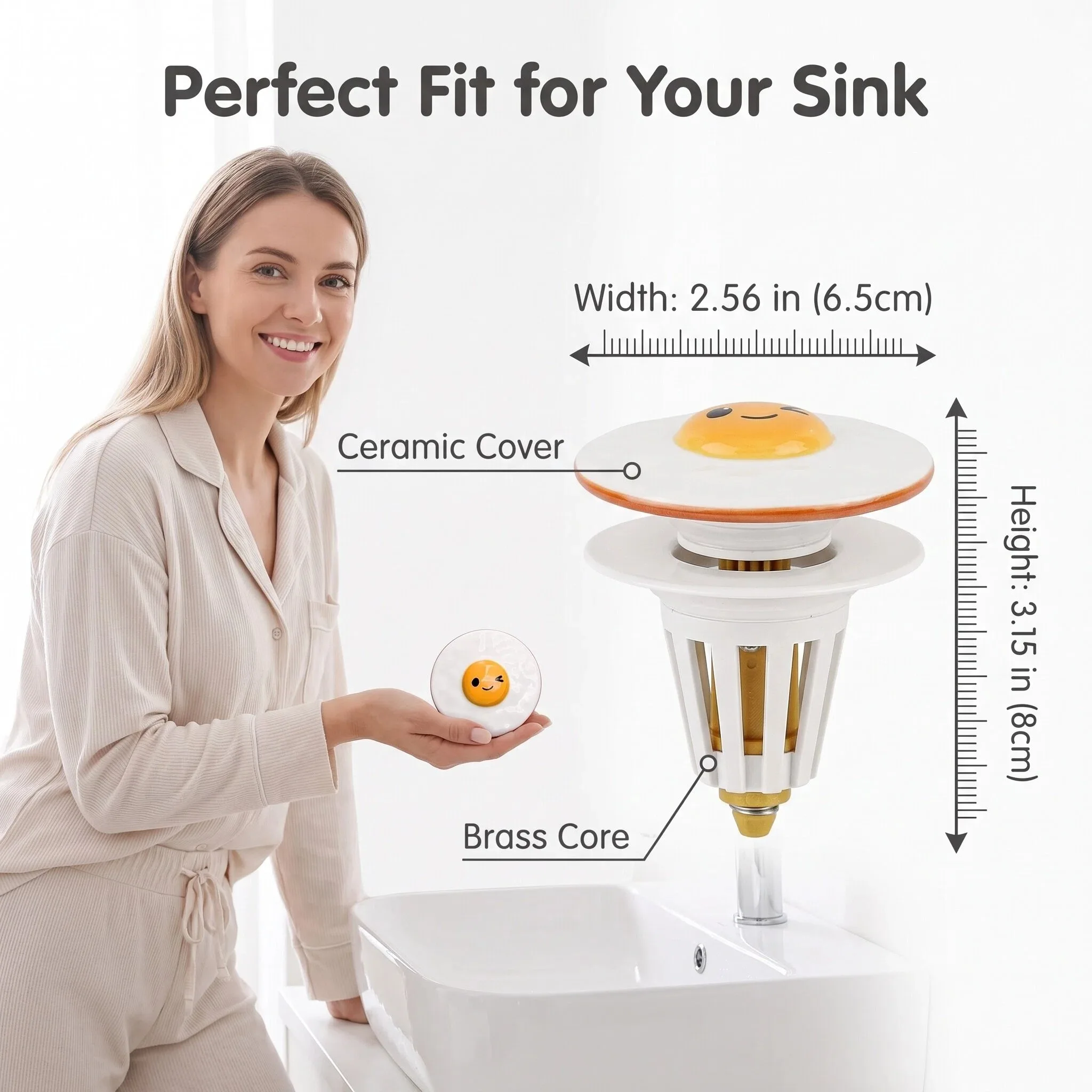 Fried Egg Ceramic Sink Drain Stopper, Hair Catcher Strainer Basket, Tool-Free Pop Up Plug, Leak-Proof for Bathroom Vanity Sink