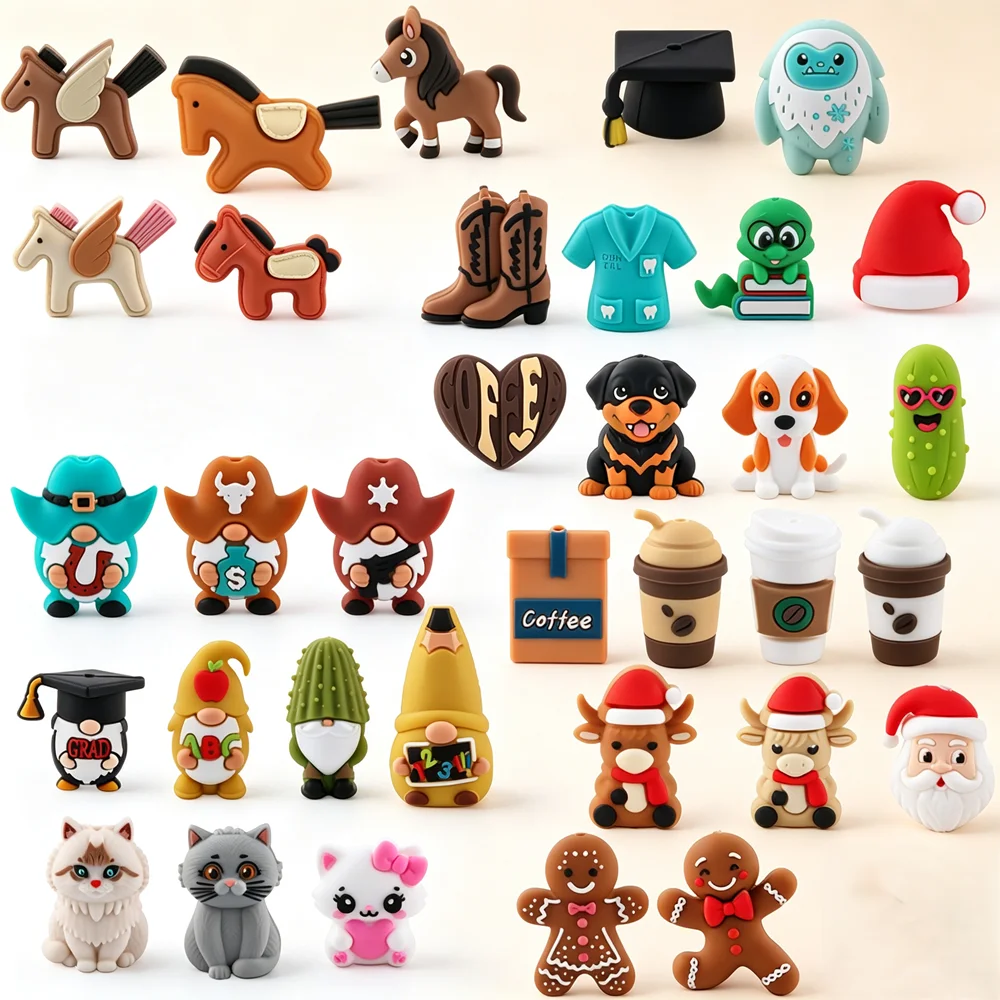 20-50pcs Wholesale 3D Silicone Beads Dwarf Tree Cat Dog Coffee Horse Christmas Heart Shoe DIY Accessories For Pendant Keychain