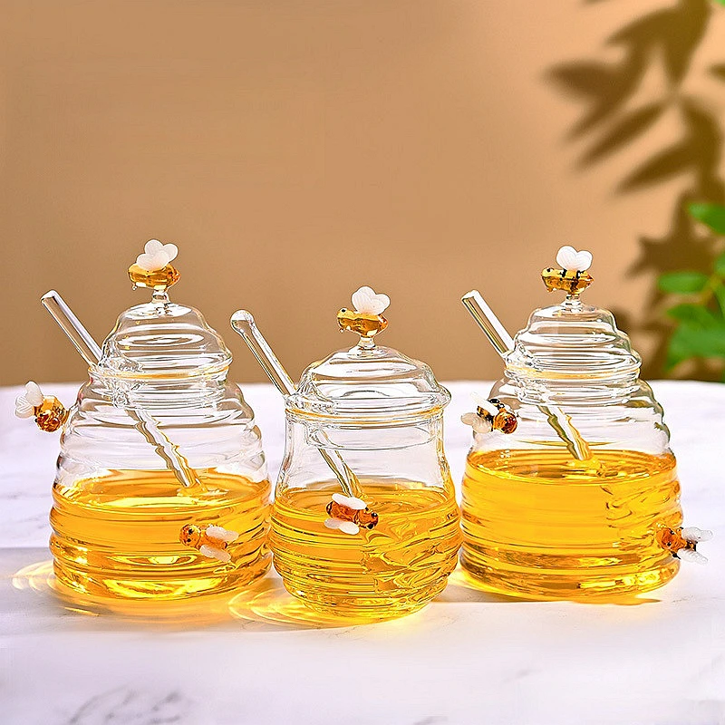 50 Pieces High Borosilicate Glass Honey Pot Set Stirring Rods Honey Storage Bottles with Lids Bee-Shaped Jar for Honey Shops