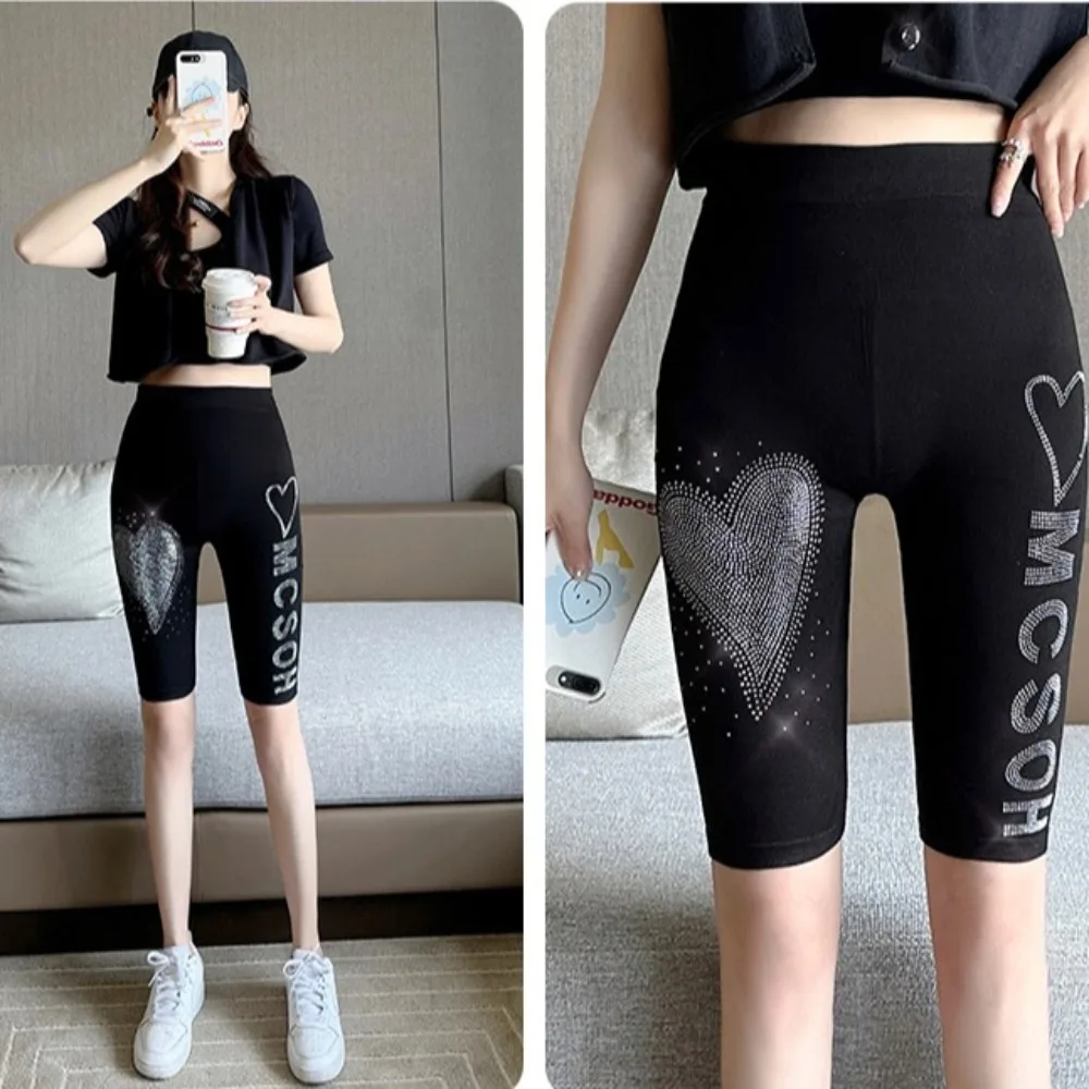 Black Women Rhinestone Leggings Zircon Letter Knee Length High Waist Yoga Shorts Tights Streetwear Hip Lift Shorts Pants Gym