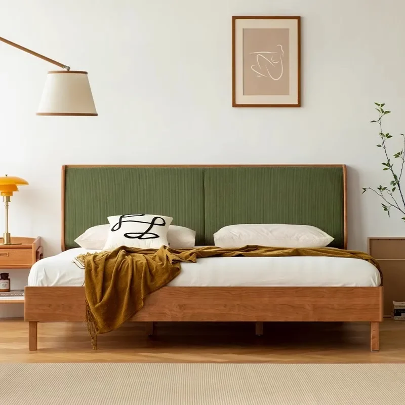 Solid wood soft bag bed, cherry wood Japanese furniture master bedroom double retro bed