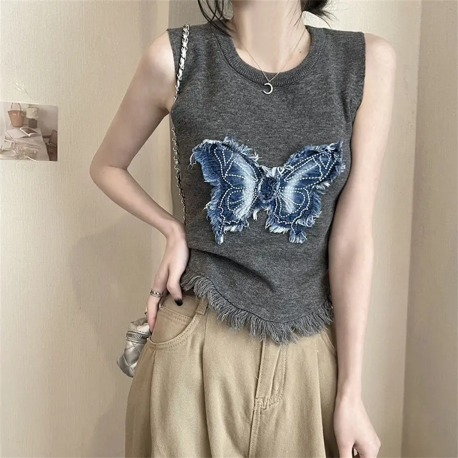 Camiseta sin mangas de punto para chica, Top ajustado con diseño de bordado de mariposa, versión coreana de primavera para mujer