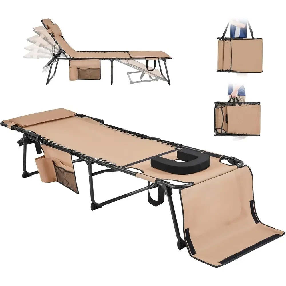 22.4 Adjustable 5-Position Tanning Chair with Cut-Out, Outdoor & Beach Lounger in Beige