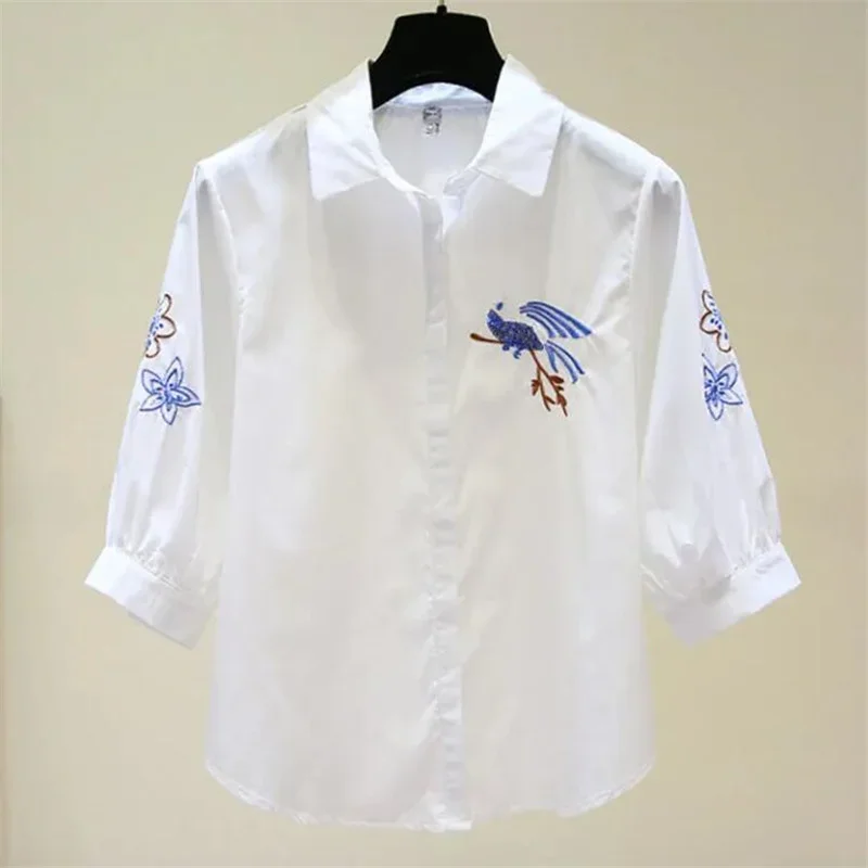 

Pure Cotton Embroidered Blouses Women's Shirt Loose Top Three-quarter Sleeve Retro Woman Shirt Putton Up Lapel Female Blusa J87