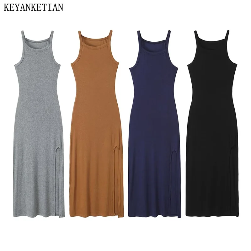 

KEYANKETIAN 2024 New Launch Women's Modal Slip Dresses Summer Street style Solid color Side Split Slim Leisure Tight MIDI Dress