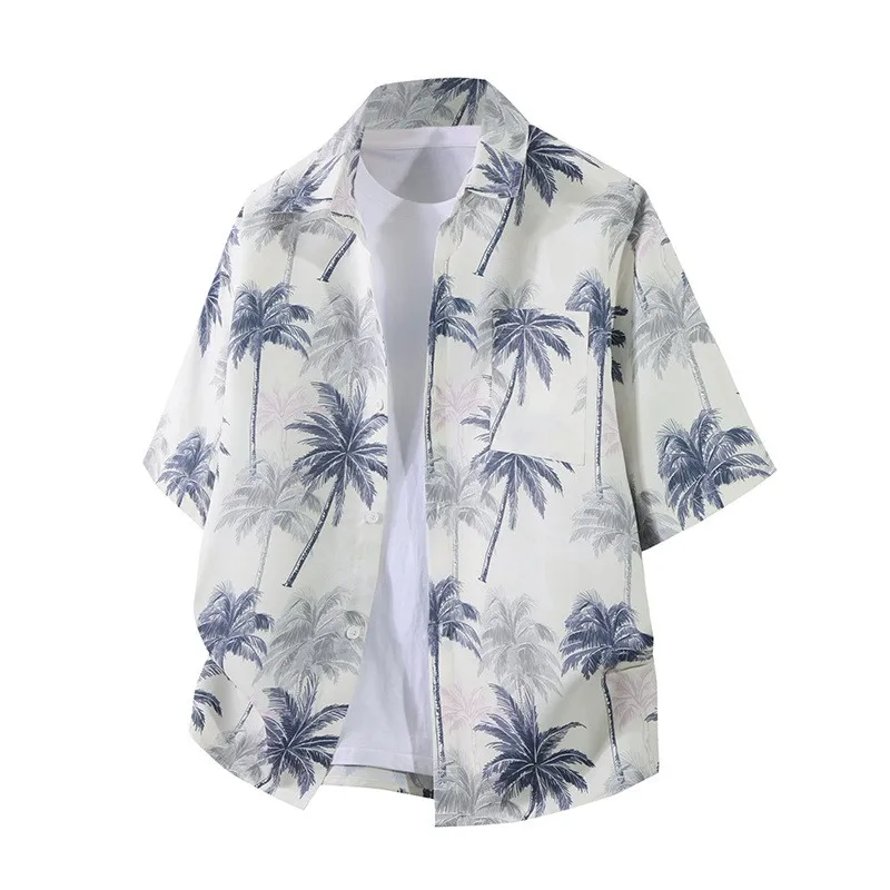 Summer Men's Shirt Short Sleeve Shirts Tropical Print Button Down Shirt Square Collar Casual Shirt Blue White Beige Mint