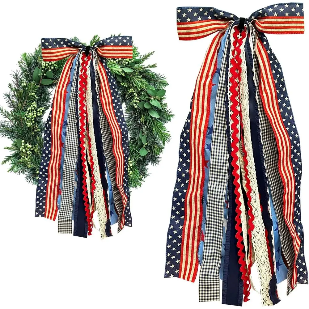 

Patriotic Star Bows & Wreaths, Red White Plaid Fabric Ribbons, 4th of July Decorative Ribbons Bundle