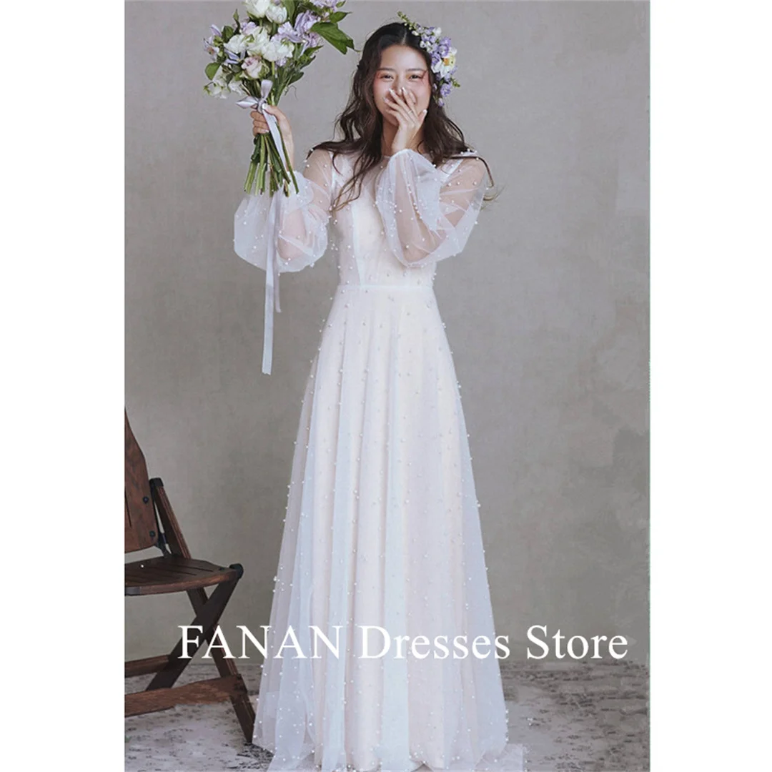 

FANAN O-Neck Korea Ivory Puff Sleeves Vintage Pearls Simple Wedding Dresses 웨딩드레스 Custom Made A-Line Bride Gowns Plus Size