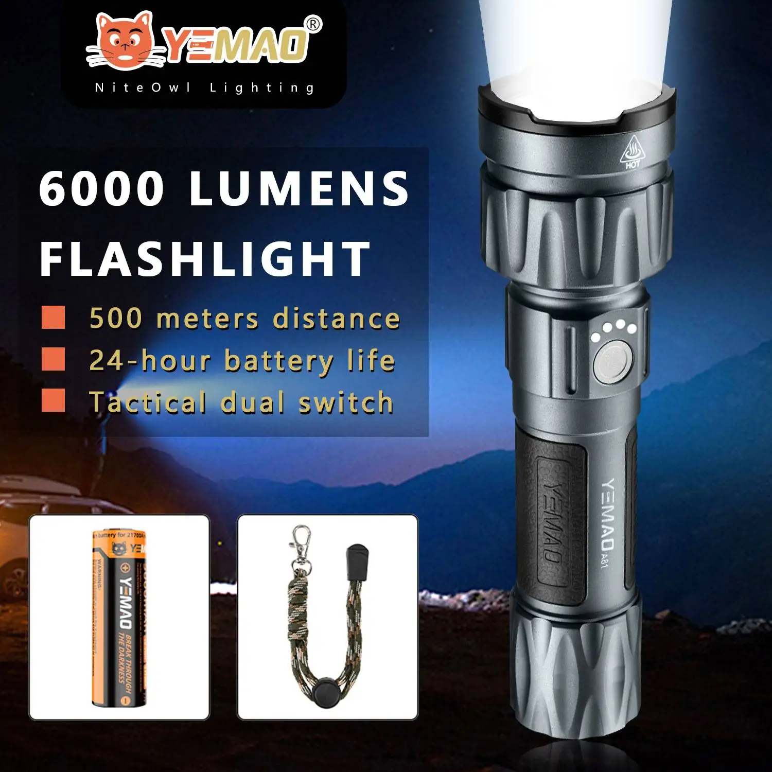 

YEMAO Portable Built-In Rechargeable Tactical LED Flashlight Super Bright Waterproof Emergency Search Lights For Outdoor Camping