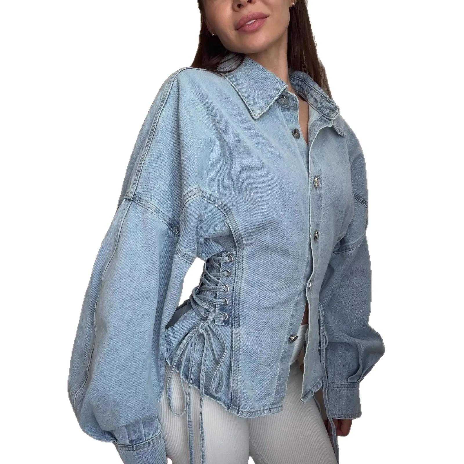 

American F style 2026 spring new retro slack washed cotton shoulder silhouette denim shirt women's top