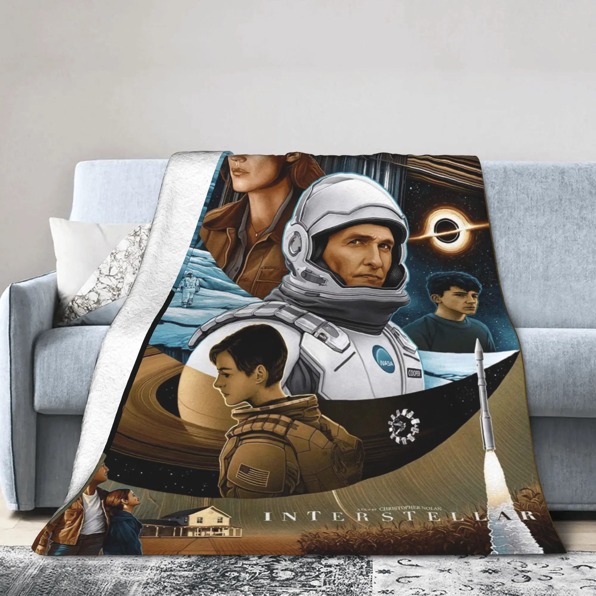 Interstellar Movie Flannel Blanket Winter  Warm Soft Throw Blanket for Kids Adult Couch Bed Print Bedspread Sofa Bed Cover
