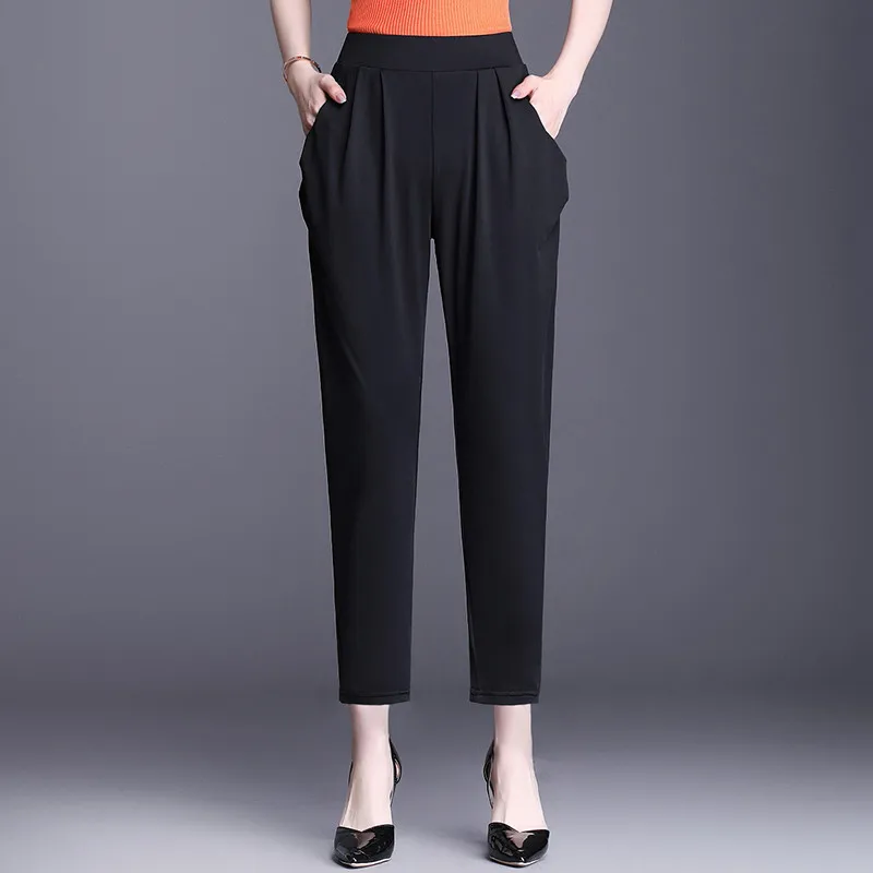 High Elastic Summer Thin High Waist Loose Slim Middle Aged Mother Black Fat MM Casual Nine cent Harun Pants Women