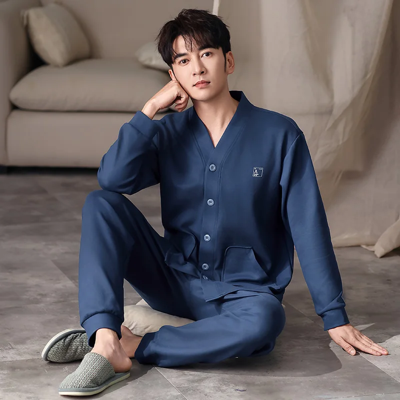 Autumn Men V-Neck Pajamas Sets Fashion Keep Warm Thin Velvet Male Pyjamas Two Pieces Shirts + Pants Nighties Big Yards Sleepwear