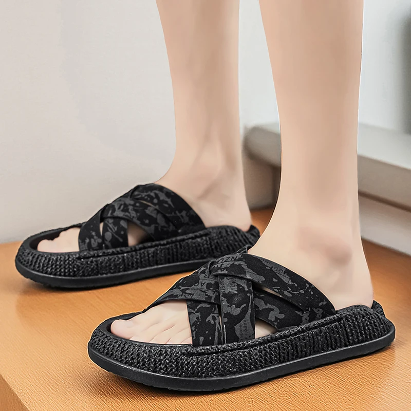 Mesh Male Casual Slippers Solid Colour Man Shoes Weave Black Fashion New Trends 2026 Leisure  Men's Outdoor Footwear Big Size 46