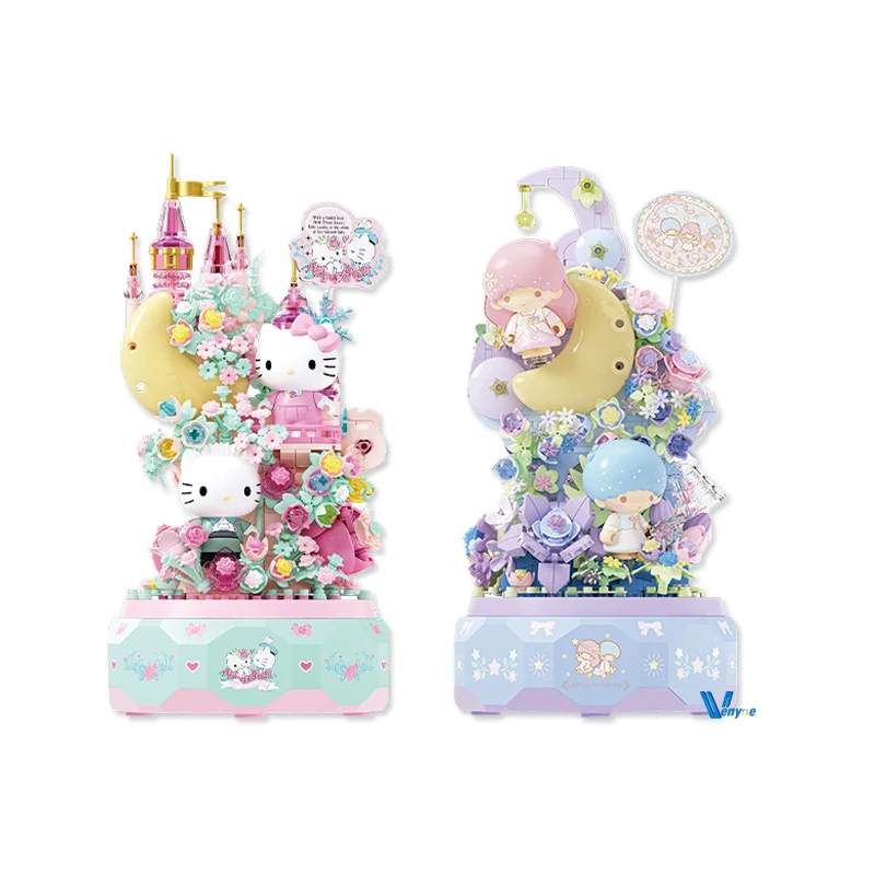 

Sanrio Building Blocks Little Twin Star Music Box Assembly Hello Kitty Rose Garden Model Bricks Toy For Kids Christmas Gift