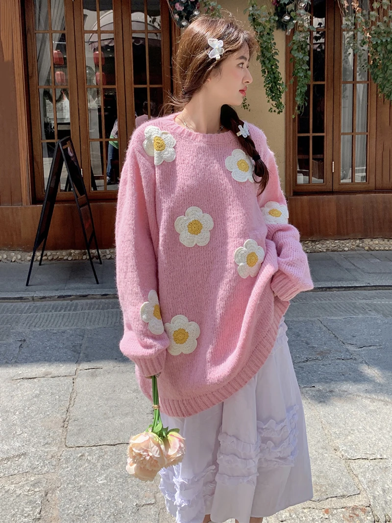 REDDACHiC Women Crochet Daisy Sweater Long Sleeves O-Neck Pullover Floral Aesthetic Y2k Oversized Jumper Top Casual Knitwear