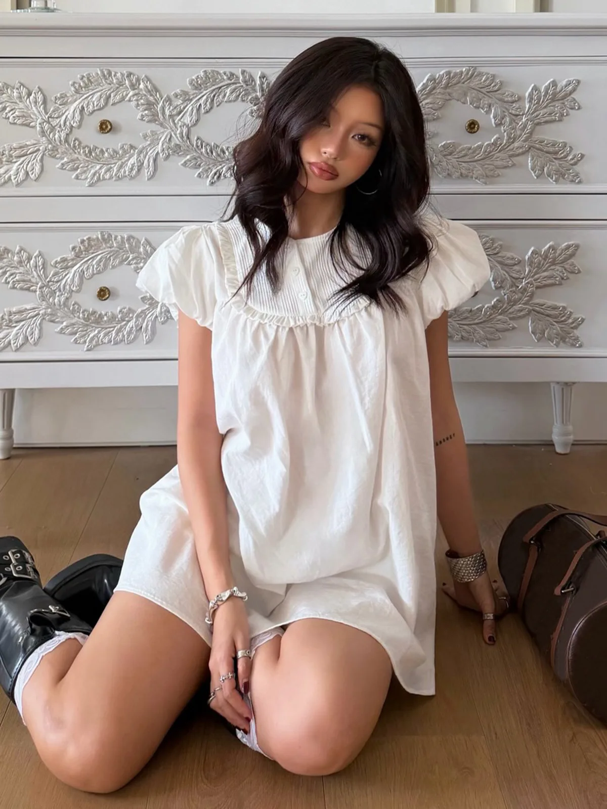 Summer New Style Womens Round-neck Cute Retro Trendy Elegant White Simple And Versatile Loose Babydoll Style Dress Puffy Skirt