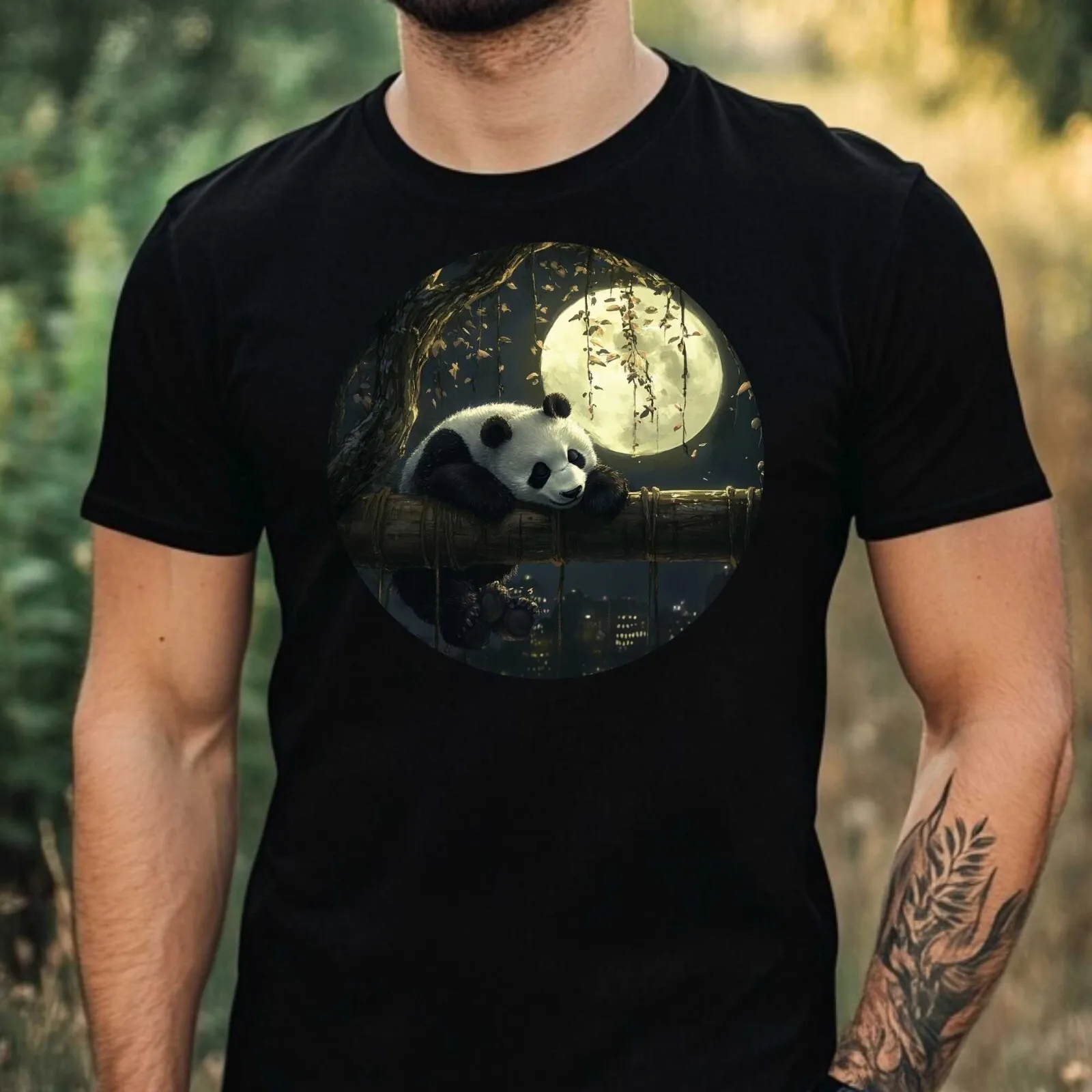 Mens Panda In The Moonlight Motif Cotton T-Shirt Size XS to 5XL