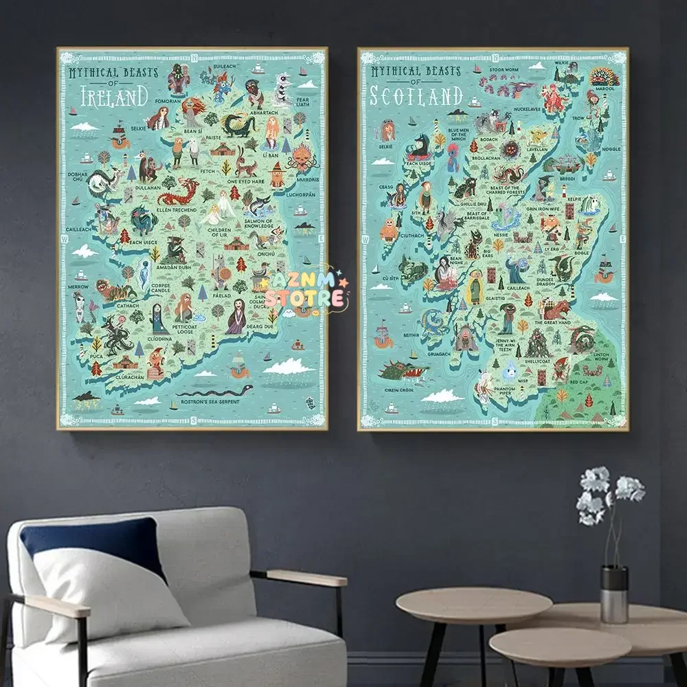 （2D Canvas painting） Nordic Mythica Beast Map Poster British and Irish Isles Scotland America Map Wall Art Canvas Painting Ba
