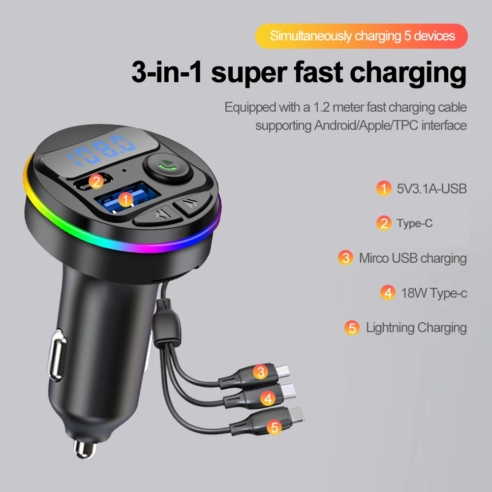 3 in 1 Dual-USB mit Seilbahn-Ladegerät Schnell lade adapter Typ C FM Sender Freis prec heinrich tung Bluetooth-Musik-Kit