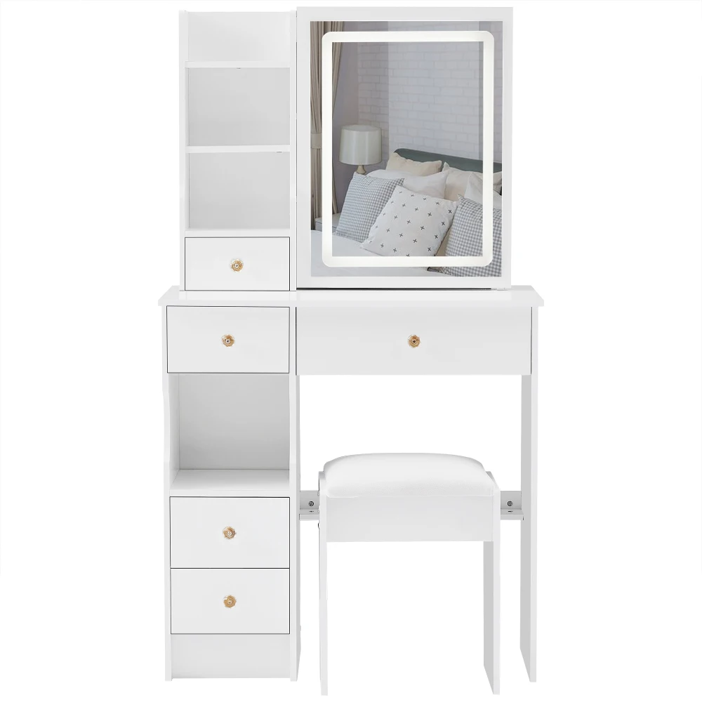 طاولة زينة لسطح المكتب ذات درج يسار صغير مقاس 29.2 بوصة + مقعد مبطن، منزلق كبير، تحكم باللمس، تبديل ثلاثي الألوان #6