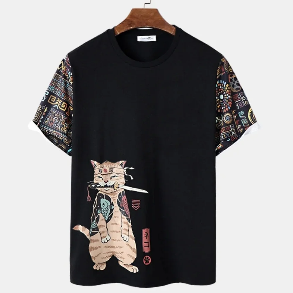 Cartoon Cat Men\'s T-Shirt Japanese Style Cat Print T-Shirts Casual Loose Short Sleeve Tee Oversized Men Clothing Tops Summer New