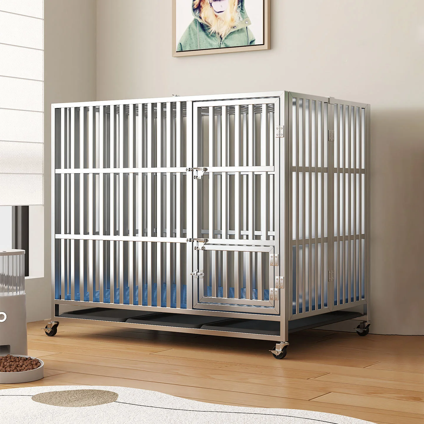 Impact-resistant foldable xxl dog cage crate car metal bondage collapsible dog cage large furniture with wheels