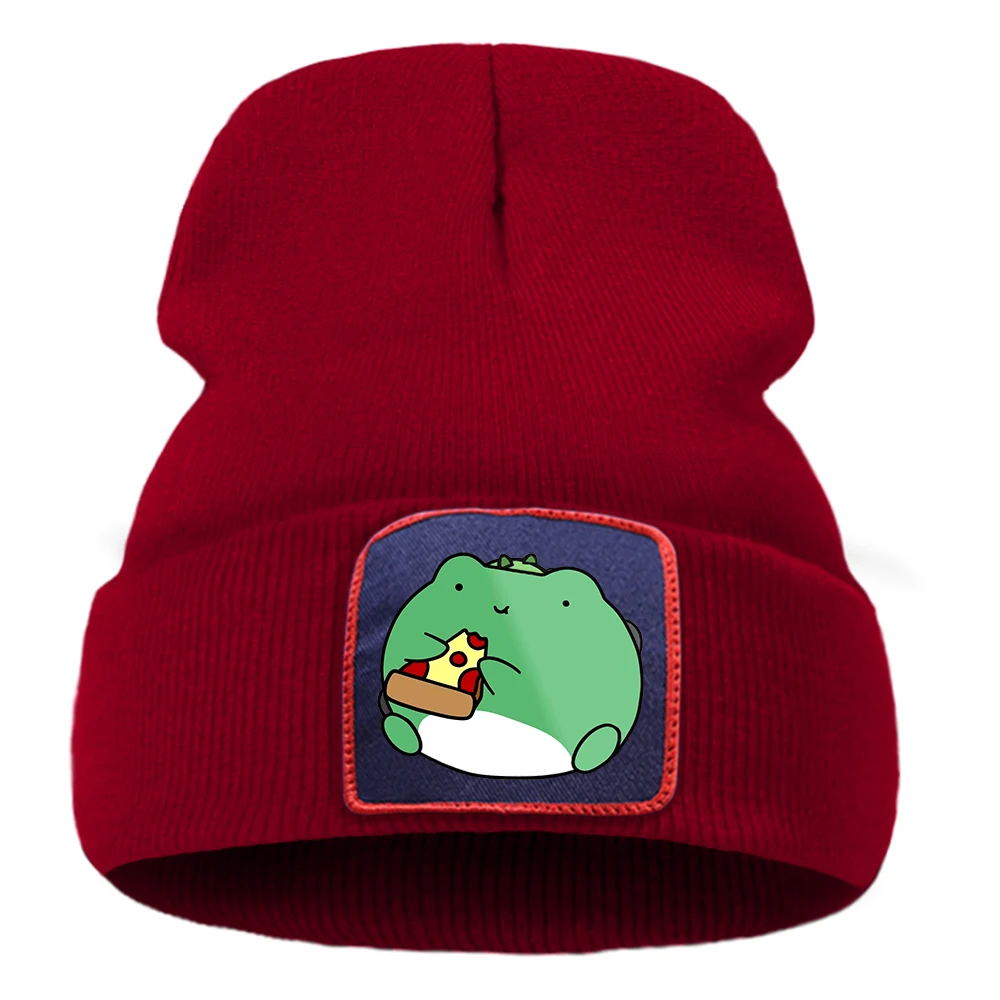 Frog Eating Pizza Metal Printed Knitted Hat For Male Sport Hats Fashionable Winter Beanie Hat Foldable Comfortable Men Caps